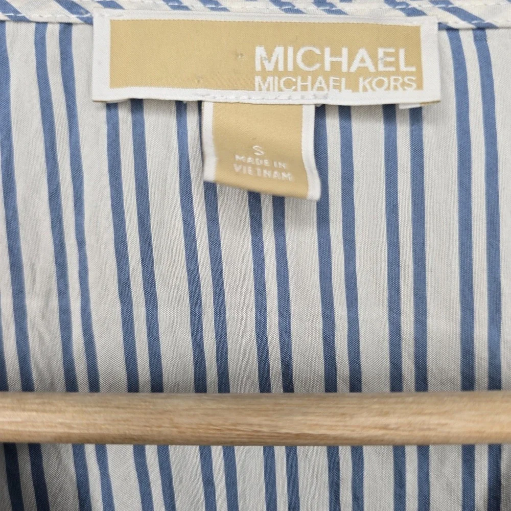 Michael Kors Top Womens Small Blue Striped Semi Sheer Crop Waist Tie Long Sleeve